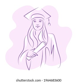 A young girl graduate of the university in a gown and an academic hat with a scroll in her hands. Line drawing graphic vector illustration.