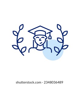 Niña graduada de cum laude. La parte superior de la clase de estudiante en laurel usando sombrero de mortero. Icono de trazo de píxeles perfecto, modificable