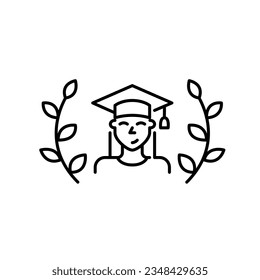 Niña graduada de cum laude. La parte superior de la clase de estudiante en laurel usando sombrero de mortero. Icono de trazo de píxeles perfecto, modificable