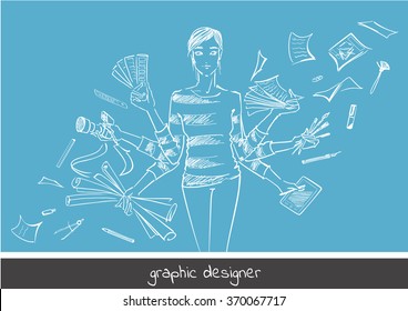 Young girl graphic designer with working tools. Hand-drawn sketch style concept of profession. Vector illustration of photography, free hand drawing, select colors, digital drawing.