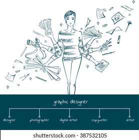 Young girl graphic designer with working tools. Hand-drawn sketch style concept of  multitasking profession graphic designer. Vector illustration of photography, select colors, digital drawing. 
