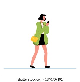 Young girl in a green cardigan and black skirt walks down the street. Woman with yellow bag looking at the phone