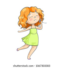 Young girl in green dress
smelling a flower. Cartoon vector illustration.
