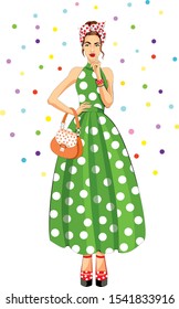 Young girl in a green dress with white polka dots. Summer style, headband. Retro dress, pin-up style. Vector illustration isolated on a white background.