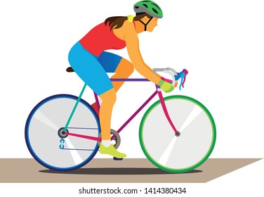 a young girl in a green helmet is a cyclist who trains on the highway