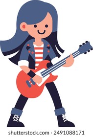 Young Girl Gitarrist Rock Musiker Flat Cartoon