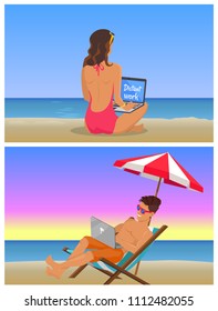 Young girl and guy at beach do distant work set. People in swimwear with modern laptops sit on sand under umbrella cartoon flat vector illustrations.