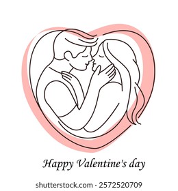 Young girl and guy in love hugging and kissing. Valentine's day greeting card. Vector illustration isolated on white background. Love concept