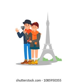 Young girl and guy making selfie in front of Eiffel tower. Couple of tourists on vacation in France. Flat vector design