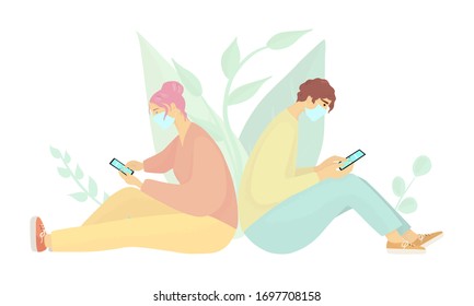 Young girl and guy in medical masks sit back to back and check smartphones. Social isolation. Girl and guy spend time on social networks. Vector flat illustration.