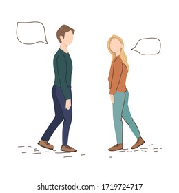 A young girl and a young guy are standing next to them, dialog bubbles for speech above them. Vector cartoon illustration.
