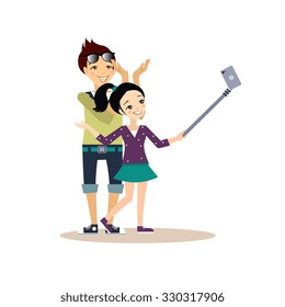 Young girl and guy taking selfie with a cell holding it on a stick. Vector illustration in flat style