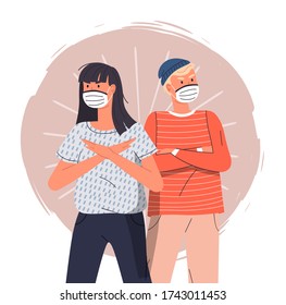 Young girl with guy wearing face medical masks crossed hands at chest at colorful vector background. Concept of world epidemy. People protect from virus with respiratory mask. Cartoon characters