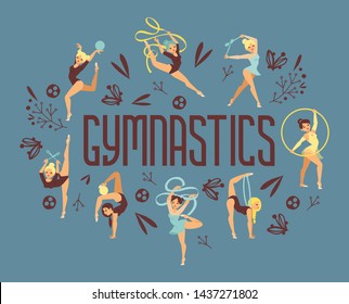 Young girl gymnast exercise sport athlete vector illustration. Training performance strength gymnastics balance people poster. Championship workout acrobat beautiful character.