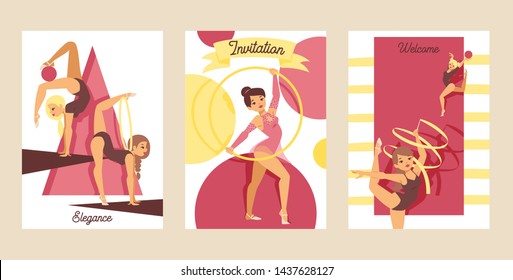 Young girl gymnast exercise sport athlete vector illustration. Training performance strength gymnastics balance people cards. Championship workout acrobat beautiful character.