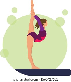 Young girl gymnast exercise sport athlete vector illustration. Training performance strength gymnastics. Championship workout acrobat beautiful character.Women Acrobatic Gymnastics, flat vector