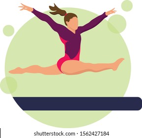 Young girl gymnast exercise sport athlete vector illustration. Training performance strength gymnastics. Championship workout acrobat beautiful character.Women Acrobatic Gymnastics, flat vector