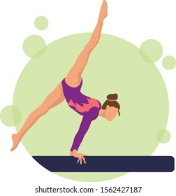 Young girl gymnast exercise sport athlete vector illustration. Training performance strength gymnastics. Championship workout acrobat beautiful character.Women Acrobatic Gymnastics, flat vector