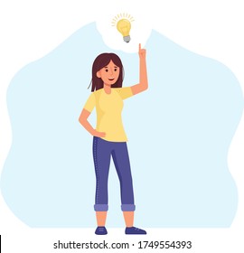 A young girl had an idea. Idea Generation Concept. Smiling girl with light bulb. Flat vector illustration