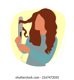 Young girl with hair straightener makes her hair straight flat vector illustration