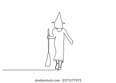 young girl halloween costume witch broom happy line art design