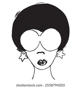 Young girl hand drawn in ink, silhouette of woman with glasses in disco style, girl with a fluffy hairstyle and star-shaped earrings in the style of the 70s and 80s