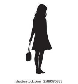 Young girl with handbag standing silhouette vector illustration