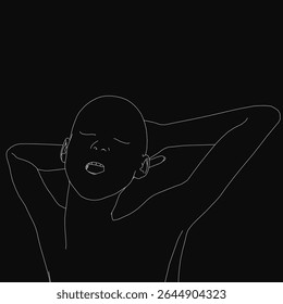 A young girl with hands behind her head in a black and white line drawing, standing against a dark background. The minimalist illustration features clean strokes, emphasizing her relaxed posture and.