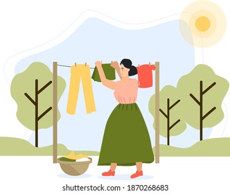 A young girl hangs clothes on the street for drying, clothes are dried on the street, a basin with washed clothes. Vector illustration in  cartoon flat style