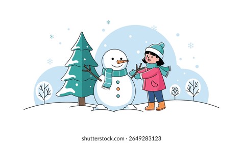 Uma jovem garota alegremente constrói um boneco de neve em um país das maravilhas de inverno cercado por neve e flocos de neve caindo