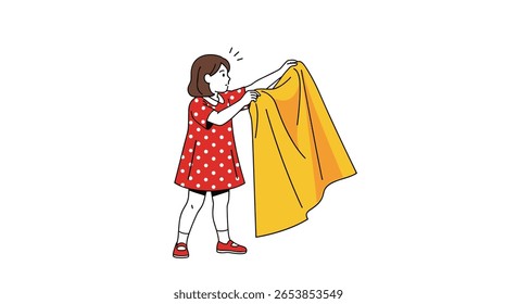Jovem menina alegremente segurando um grande cobertor amarelo pronto para jogar vestido ou decorar seu quarto com um toque de cor de sol criando uma atmosfera acolhedora