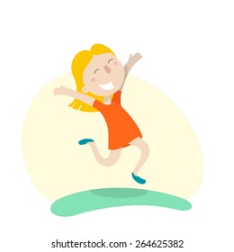 Young girl happily jumping. Flat illustration, vector image 