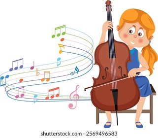 Young girl happily playing cello with colorful notes