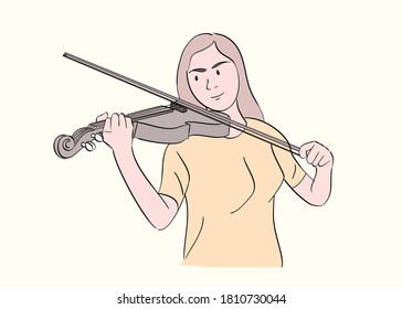 A young girl happily playing the violin instrument. Hand drawn line style, vector illustrations