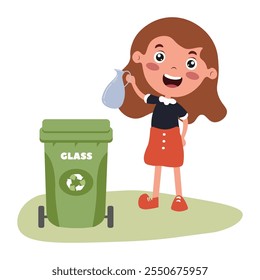 Jovem menina alegremente reciclando o vidro em uma ilustração de estilo cartoon ao ar livre