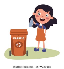 Young girl happily recycling a plastic bottle by bin in a bright, cheerful setting