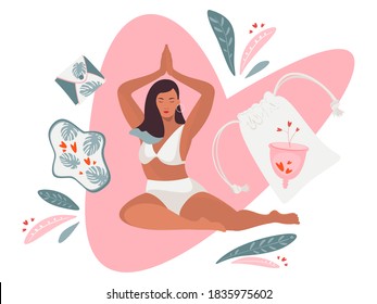 A young girl is happy to have a zero waste period. Various feminine hygiene products: panties, sanitary napkins, cups. Protection of menstruation, feminine hygiene. Vector illustration.