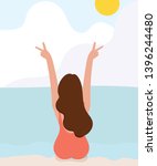 young girl happy in holiday on beach. sunbathing. flat design. vector illustration.