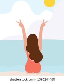 young girl happy in holiday on beach. sunbathing. flat design. vector illustration.