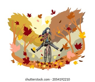 young girl happy riding bike in autumn