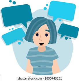 Young girl. Happy smiling girl in blue striped clothes. Modern character. Flat cartoon Cloud text bubble dialog. Conversation and Talk.