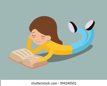 young girl happy smiling reading book.  Vector Illustration