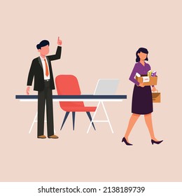 The young girl has been laid off from the company by the manager. Unemployment concept. Colored flat vector illustration. 