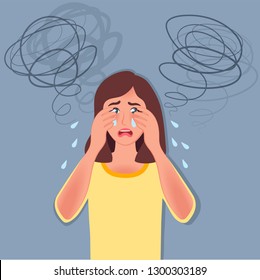The young girl has a panic attack, fear, anxiety, headache, Depression painted in the style of doodles. Vector illustration of people with vegetative symptoms svg