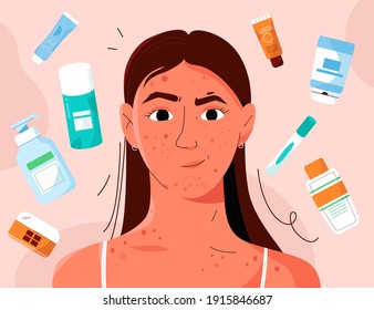 Young girl has problem skin, acne and spots. Face and body skin care using special cosmetics. Portrait of woman with bottles of creams and lotions around her head. Vector character illustration