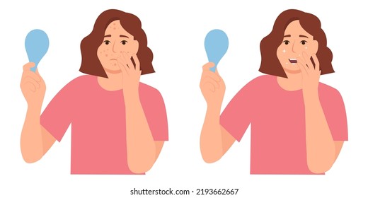 Young girl has problem skin, acne, pimples,blackheads and spots. Before, after. Healthy skin.Skincare and dermatology. Teenage skin. Flat vector illustration