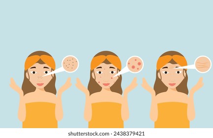 Young girl has skin problems with acne or allergic pimples on her face. Skincare and dermatology concept. Flat style vector illustration.