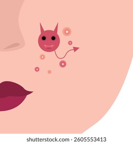 Young girl has skin problems with acne or allergic pimples on her face. Skincare and dermatology concept. Flat style vector illustration.