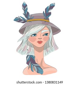 Young girl in a hat with feathers. Vector image.
