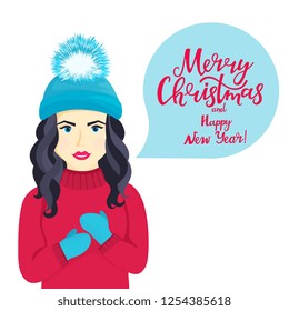 A young girl in a hat with a fluffy pompon, scarf and mittens wishes Merry Christmas and Happy New Year.